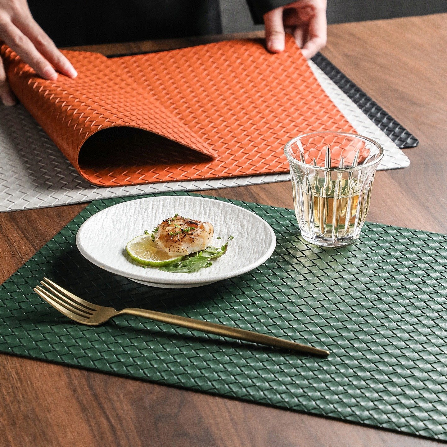 Custom Black Woven Rectangular Leather Placemat detail