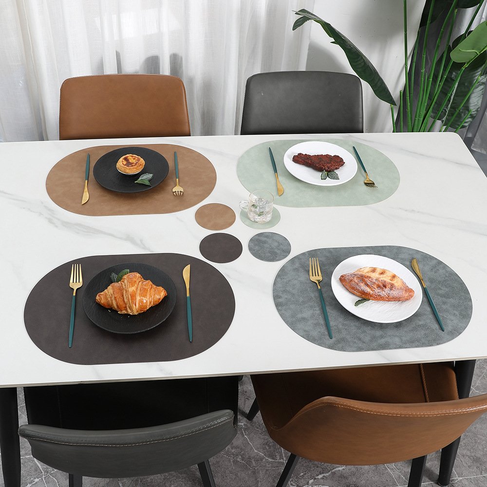Custom Two-Tone Cowhide Grain Oval Leather Placemat detail