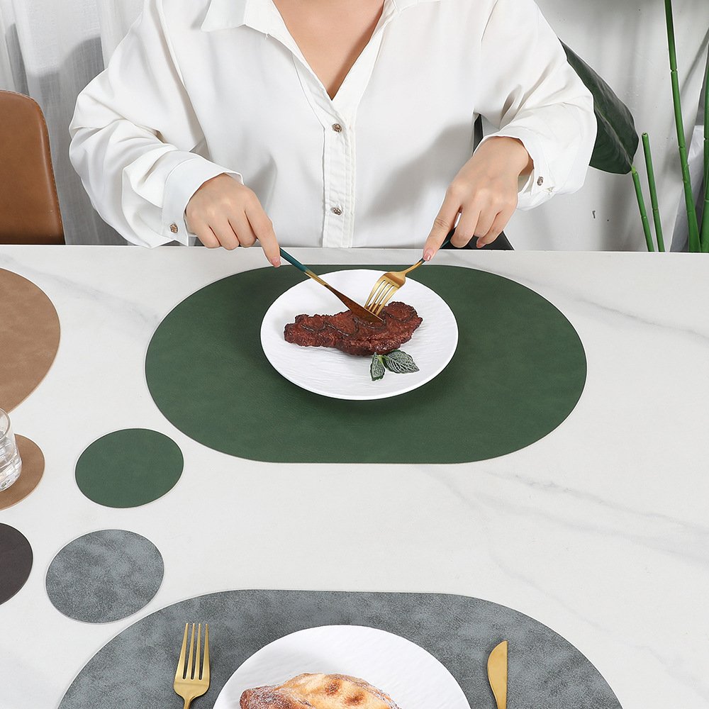 Custom Two-Tone Cowhide Grain Oval Leather Placemat detail