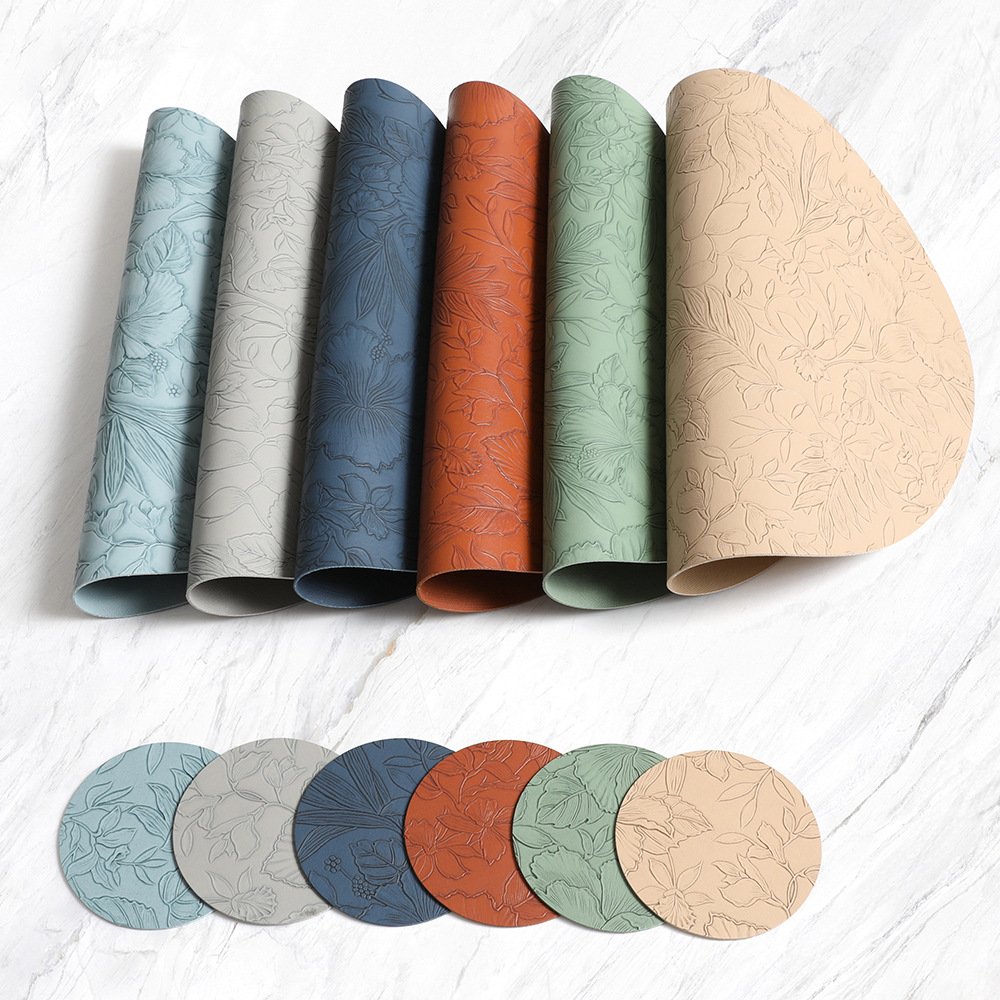 Custom Embossed Floral Round Leather Placemat detail