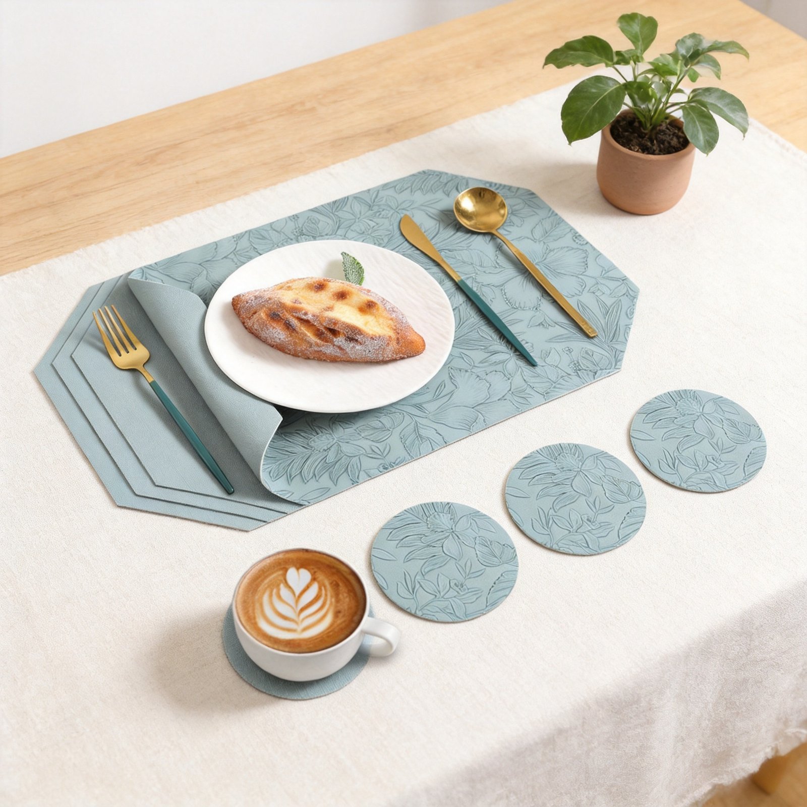 Custom Embossed Floral Chamfered Leather Placemat detail